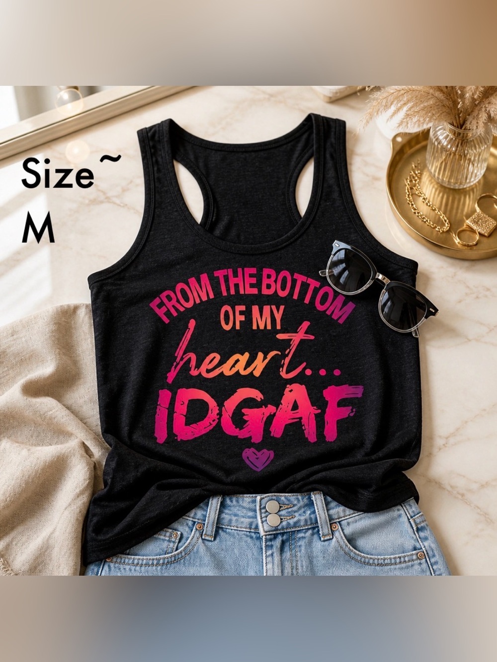 Black Racerback Tank with Colorful 'IDGAF' Graphic